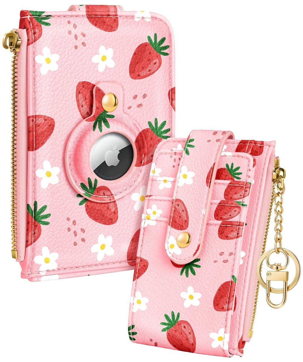 3148 Cute Card Wallet with AirTag Holder - Strawberry Leather Small Wallets